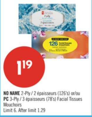 NO NAME 2-Ply (126's) or PC 3-Ply (78's) Facial…