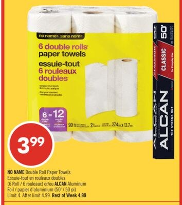 NO NAME Double Roll Paper Towels (6 Roll) or AL…