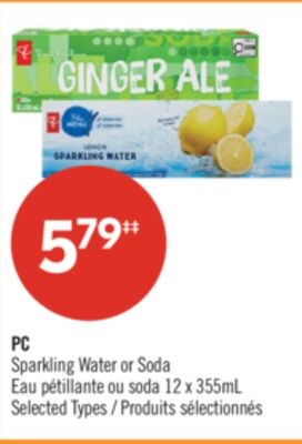 PC Sparkling Water or Soda 12 x 355mL