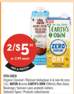 VITA COCO Organic Coconut (1L) or EARTH'S OWN (…