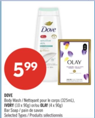 DOVE Body Wash (325mL), IVORY (10 x 90g) or OLA…