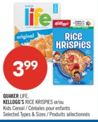 QUAKER LIFE KELLOGG'S RICE KRISPIES or Kids Cer…