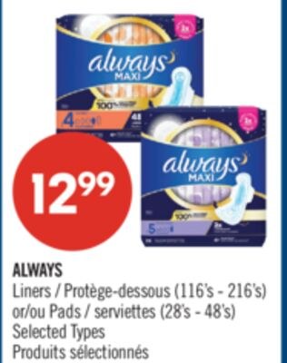 ALWAYS Liners (116's - 216's) or Pads (28's - 4…