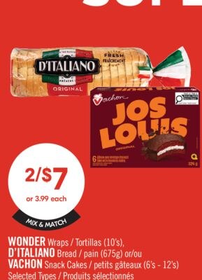 WONDER Wraps (10's), D'ITALIANO Bread (675g) or…