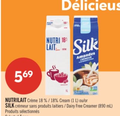 NUTRILAIT Crème 18 % (1 L) ou SILK crémeur sans…