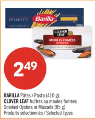 BARILLA Pâtes (410 g), CLOVER LEAF Huîtres ou m…