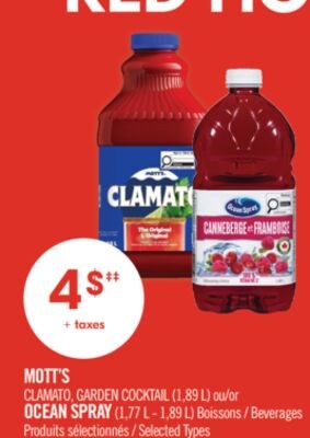 MOTT'S CLAMATO, GARDEN COCKTAIL (1,89 L) ou OCE…