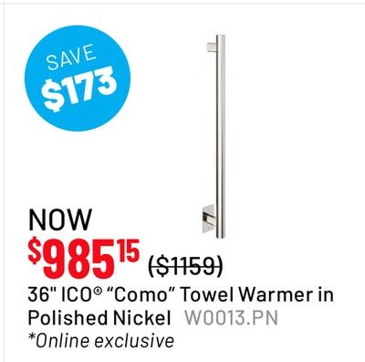 36" ICO® "Como" Towel Warmer in Polished Nickel