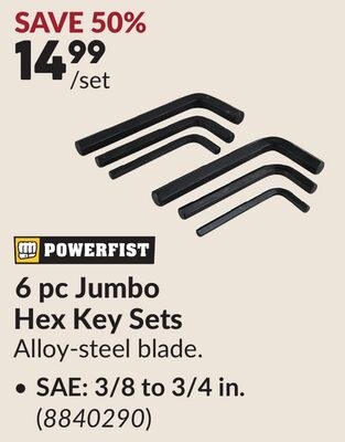6 pc Jumbo Hex Key Sets, SAE: 3/8 to 3/4 in.
