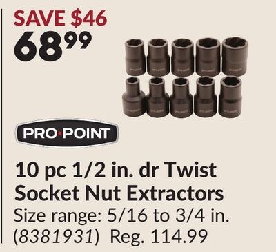 10 pc 1/2 in. dr Twist Socket Nut Extractors
