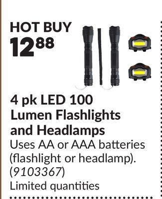 4 pk LED 100 Lumen Flashlights and Headlamps