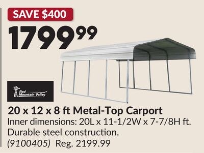 20 x 12 x 8 ft Metal-Top Carport