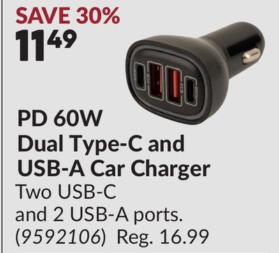 PD 60W Dual Type-C and USB-A Car Charger
