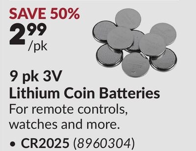 9 pk 3V Lithium Coin Batteries CR2025