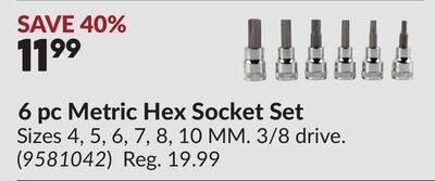 6 pc Metric Hex Socket Set