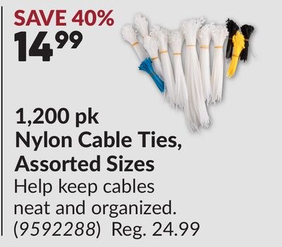 1,200 pk Nylon Cable Ties, Assorted Sizes