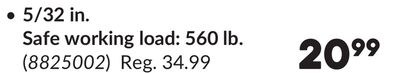 5/32 in. Safe working load: 560 lb.