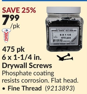 6 x 1-1/4 in. Drywall Screws, Fine Thread