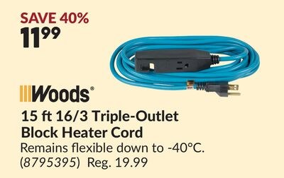 15 ft16/3 Triple-Outlet Block Heater Cord