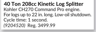 40 Ton 208cc Kinetic Log Splitter