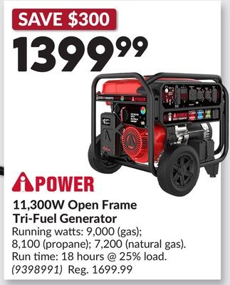 11,300W Open Frame Tri-Fuel Generator