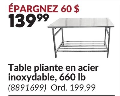 Table pliante en acier inoxydable, 660 lb