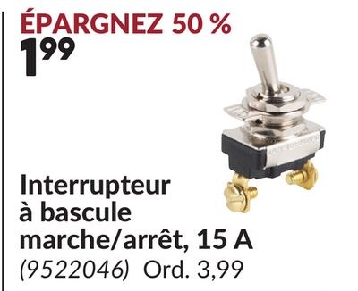 Interrupteur à bascule marche/arrêt, 15 A