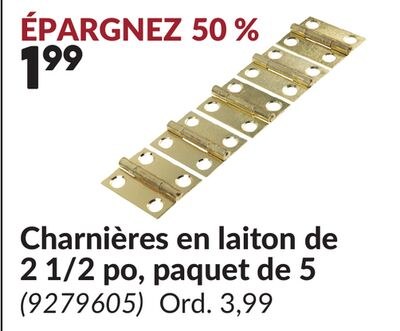 Charnières en laiton de 2 1/2 po, paquet de 5