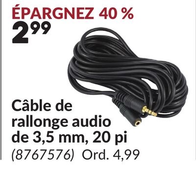 Câble de rallonge audio de 3,5 mm, 20 pi