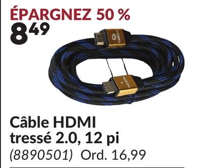 Câble HDMI tressé 2.0, 12 pi