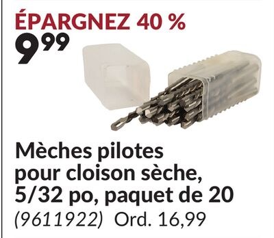 Mèches pilotes pour cloison sèche, 5/32 po, paq…