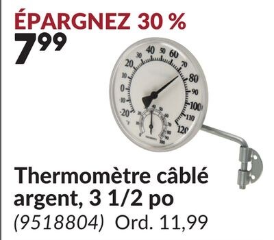 Thermomètre câblé argent, 3 1/2 po