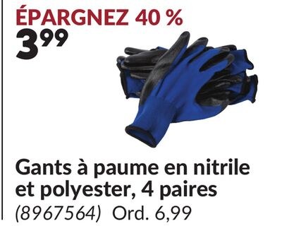Gants à paume en nitrile et polyester, 4 paires