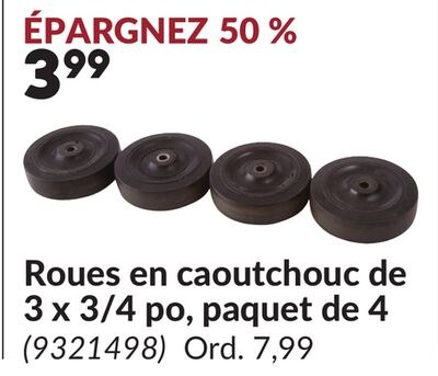 Roues en caoutchouc de 3 x 3/4 po, paquet de 4