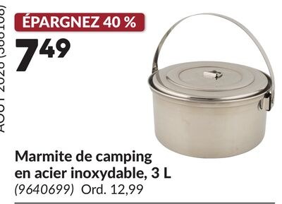 Marmite de camping en acier inoxydable, 3 L
