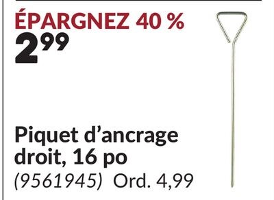 Piquet d'ancrage droit, 16 po