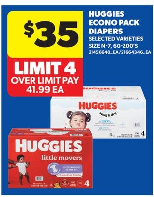 HUGGIES ECONO PACK DIAPERS, 60-200'S