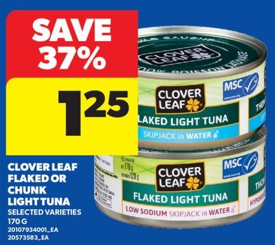 CLOVER LEAF FLAKED OR CHUNK LIGHT TUNA, 170 G