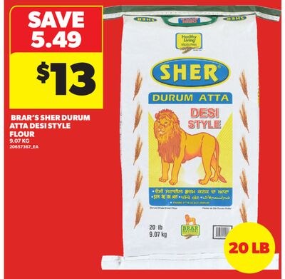 BRAR'S SHER DURUM ATTA DESI STYLE FLOUR, 9.07 KG