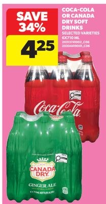COCA-COLA OR CANADA DRY SOFT DRINKS, 6X710 ML