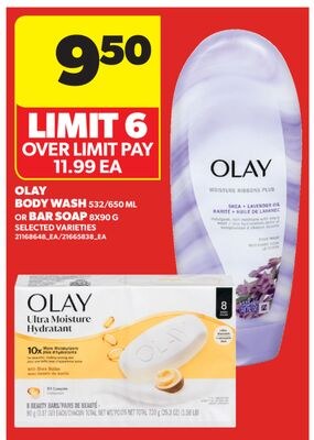 OLAY BODY WASH, 532/650 ML OR BAR SOAP, 8x90 G