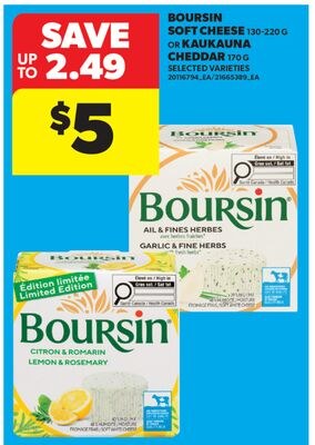 BOURSIN SOFT CHEESE, 130-220 G OR KAUKAUNA CHED…