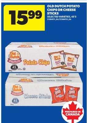 OLD DUTCH POTATO CHIPS OR CHEESE STICKS, 45'S