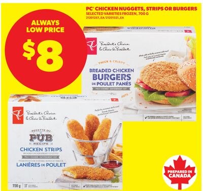 PC CHICKEN NUGGETS, STRIPS OR BURGERS,, 700 G