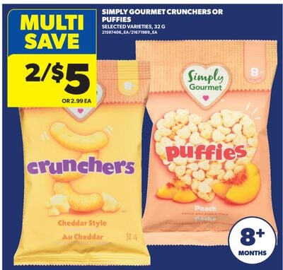 SIMPLY GOURMET CRUNCHERS OR PUFFIES, 32 G