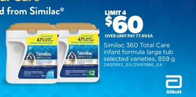 SIMILAC 360 TOTAL CARE INFANT FORMULA LARGE TUB…