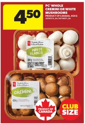 PC WHOLE CREMINI OR WHITE MUSHROOMS, 454G