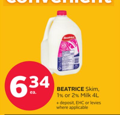 BEATRICE Skim, 1% or 2% Milk 4L