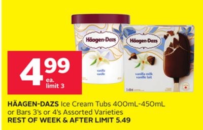 HÄAGEN-DAZS Ice Cream Tubs 400mL-450mL or Bars …