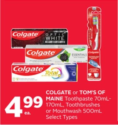 COLGATE or TOM'S OF MAINE Toothpaste 70mL-170mL…